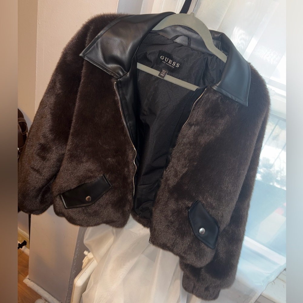 GUESS Dark Brown Teddy Jacket with black faux leather Accents